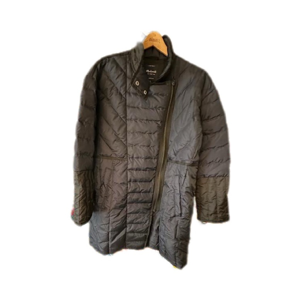 Madewell Asymmetrical Zip High Neck Navy Blue/Black Down Puffer Coat.  EUC